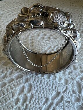 Ornate Vintage Silver-Tone Floral Cuff Bracelet